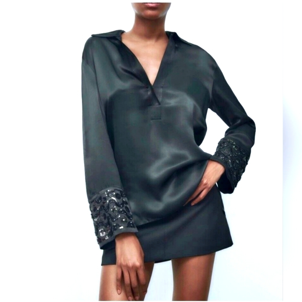 ZARA Embroidered Sequin Beaded Pearl Tunic Co-Ord Shirt Outfit Blouse Size M